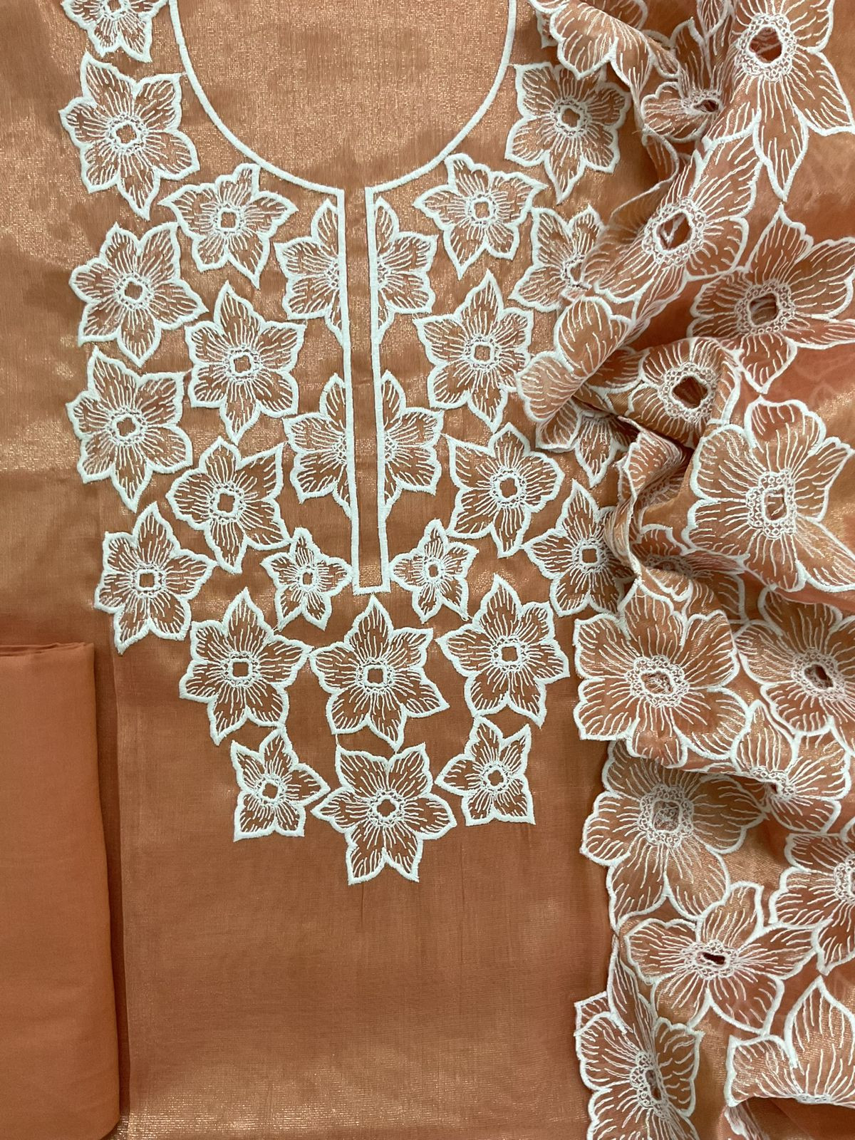 Pure Tissue Chanderi Embroidered Suit - Rust