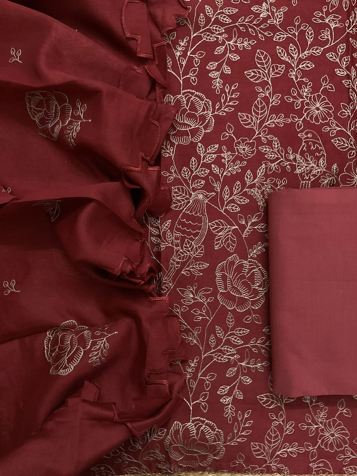 Pure Mul Chanderi Embroidered Suit - Maroon