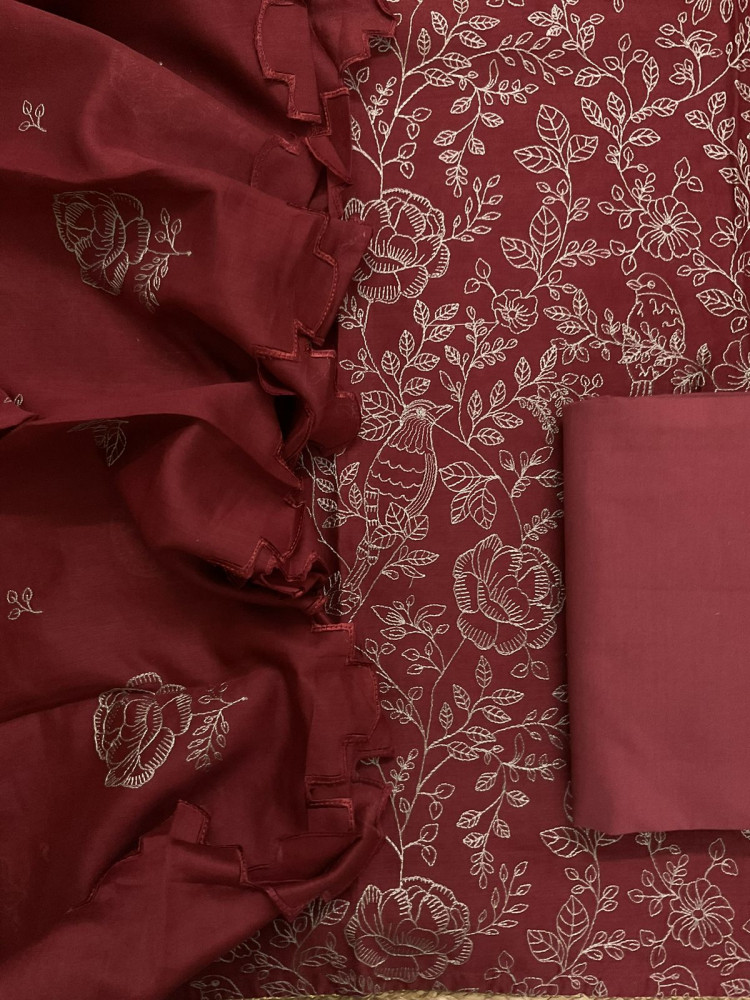 Image of Pure Mul Chanderi Embroidered Suit - Maroon