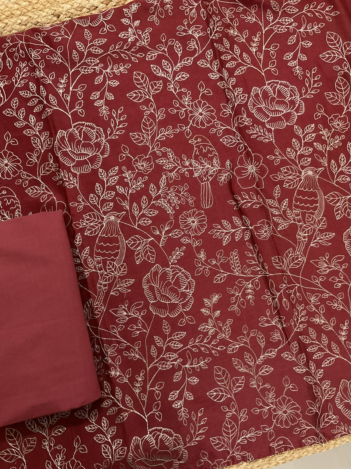 Pure Mul Chanderi Embroidered Suit - Maroon