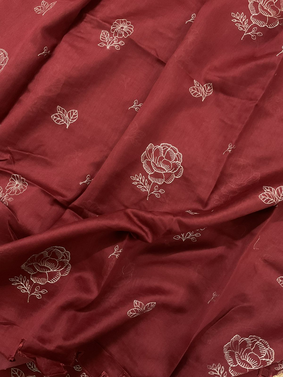 Pure Mul Chanderi Embroidered Suit - Maroon