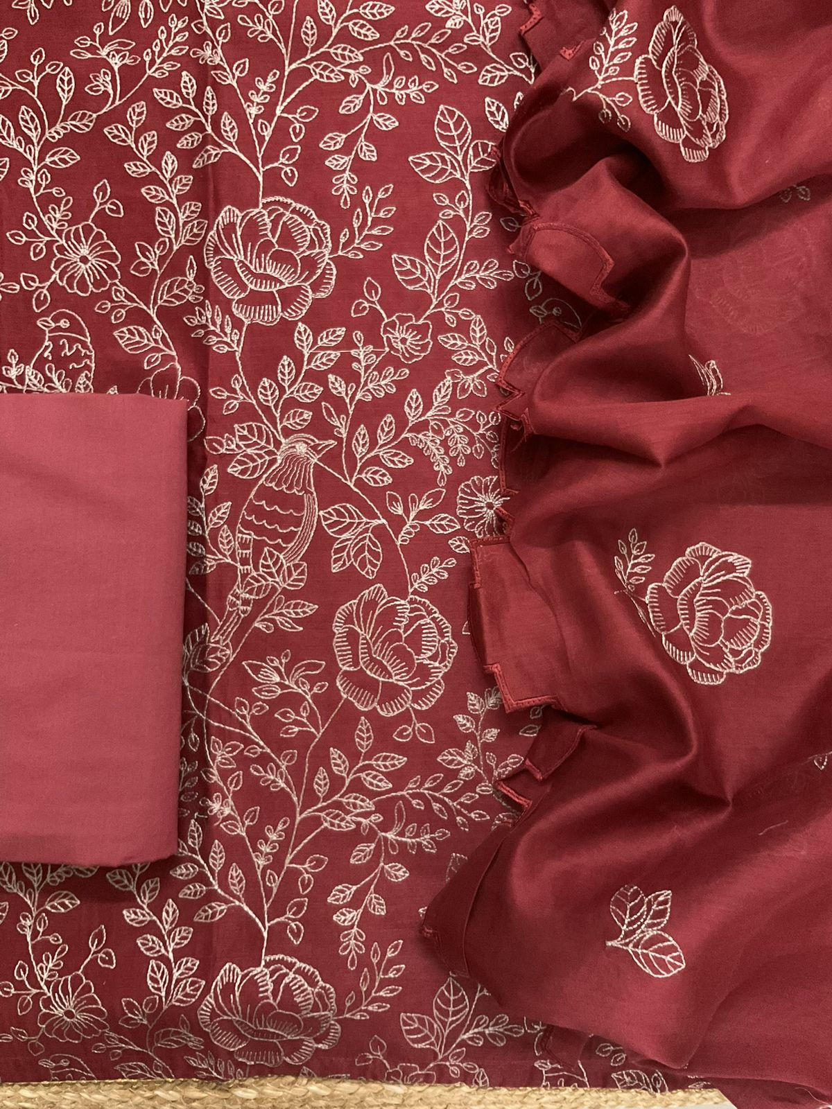 Pure Mul Chanderi Embroidered Suit - Maroon