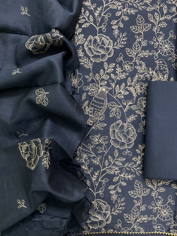 Image of Pure Mul Chanderi Embroidered Suit - Blue