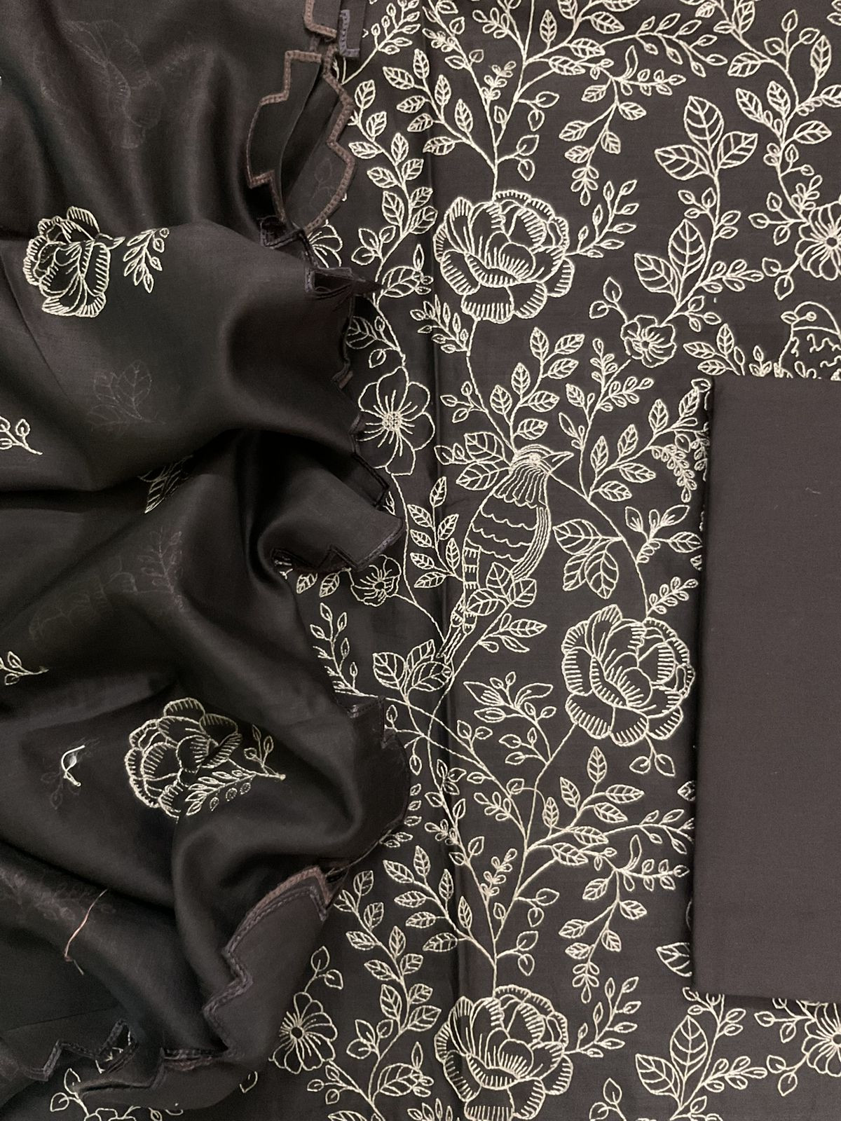 Pure Mul Chanderi Embroidered Suit - Dark Brown