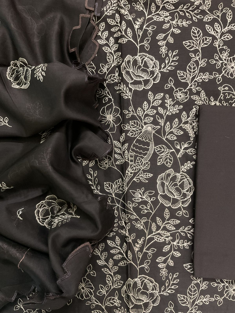 Image of Pure Mul Chanderi Embroidered Suit - Dark Brown