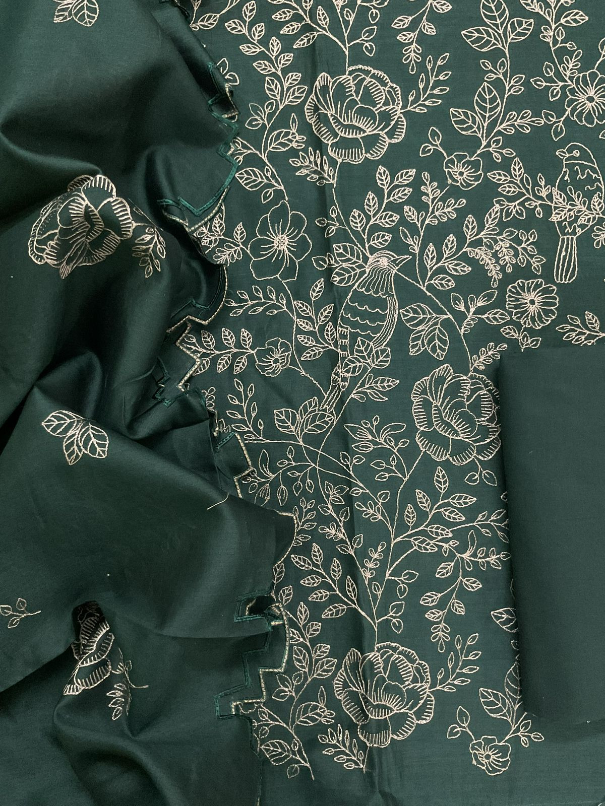 Pure Mul Chanderi Embroidered Suit - Green