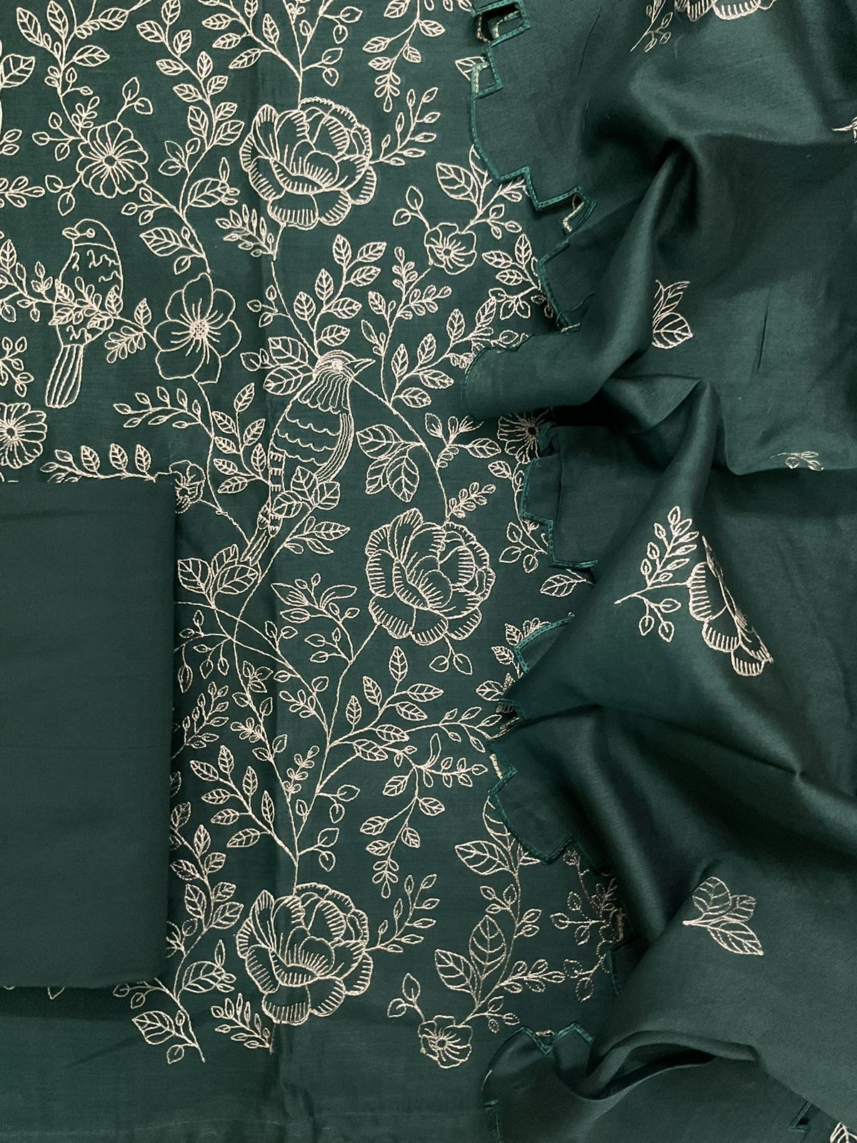 Pure Mul Chanderi Embroidered Suit - Green