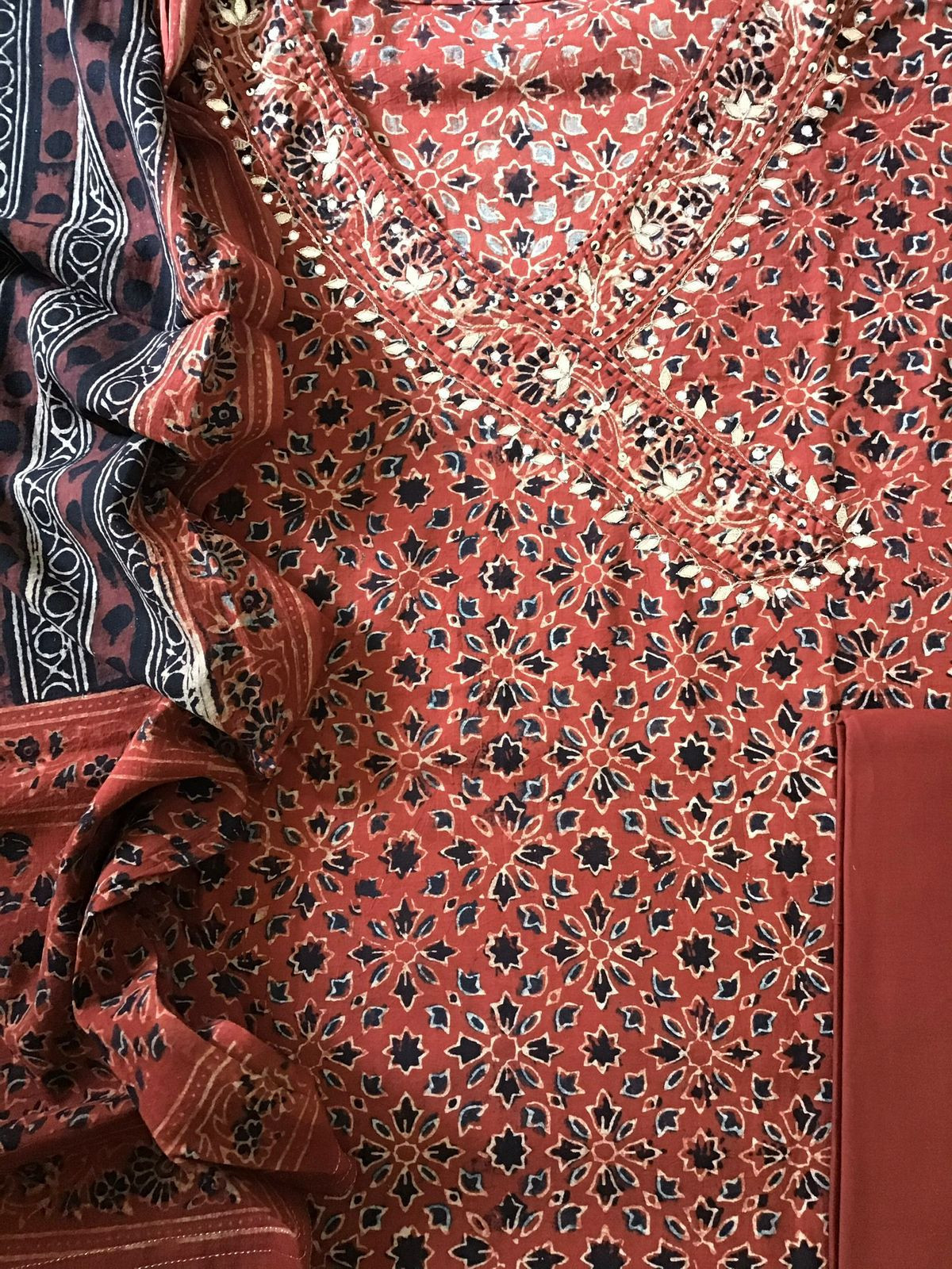 Pure Cotton Printed Embroidered Suit - Red