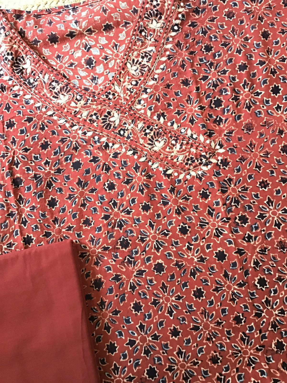 Pure Cotton Printed Embroidered Suit - Red