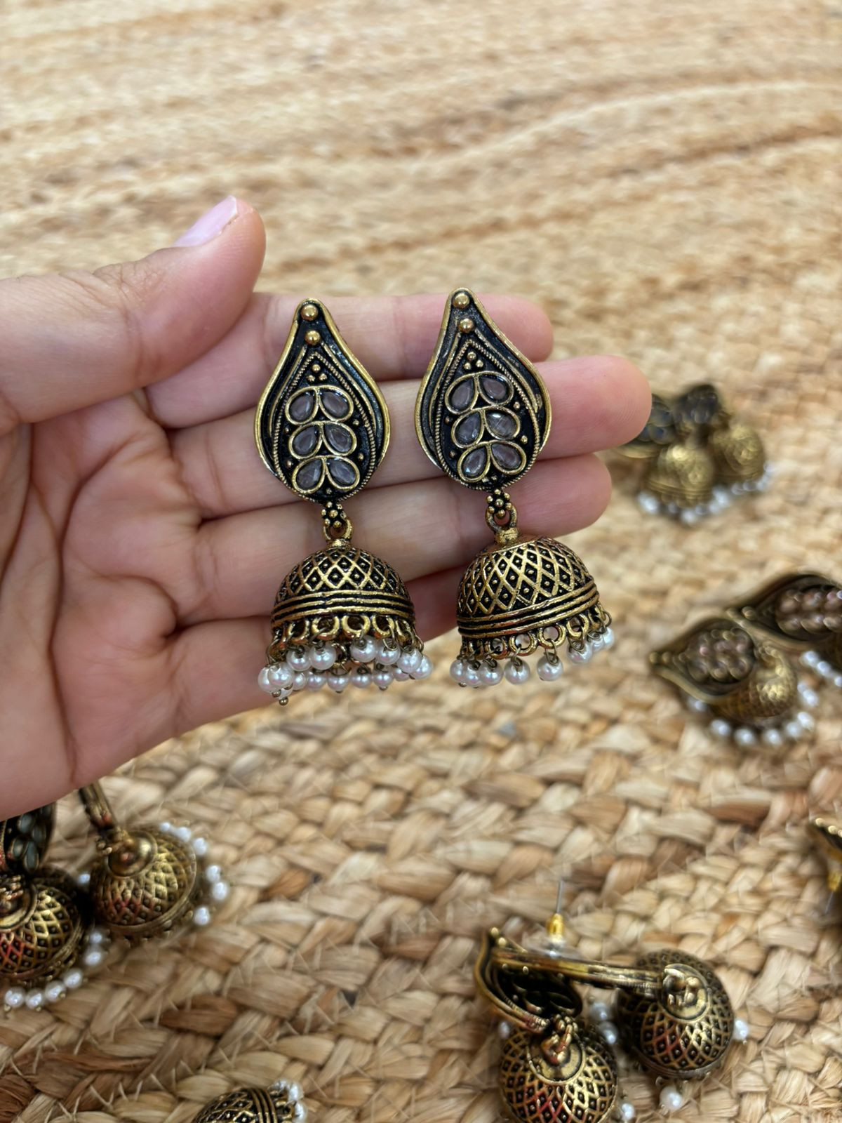 Metallic Oxidised Gold Earrings With Stone Settings - White