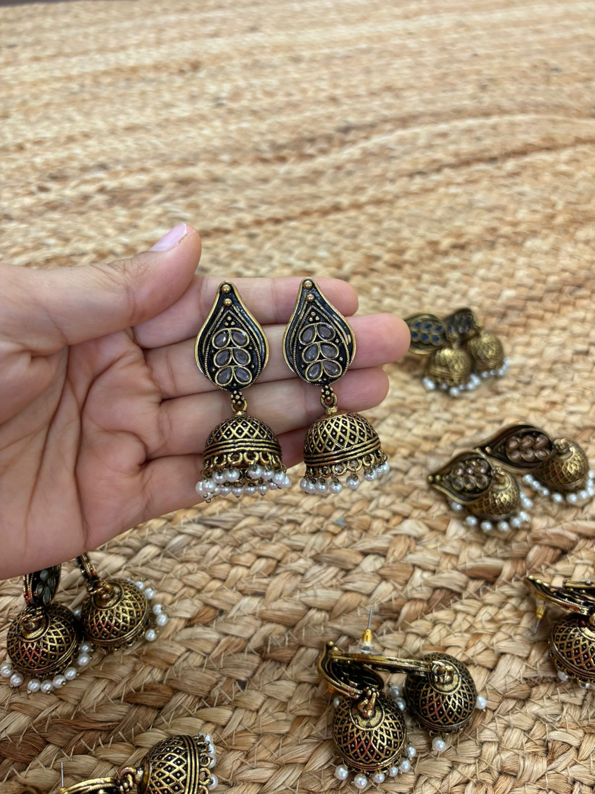 Metallic Oxidised Gold Earrings With Stone Settings - White