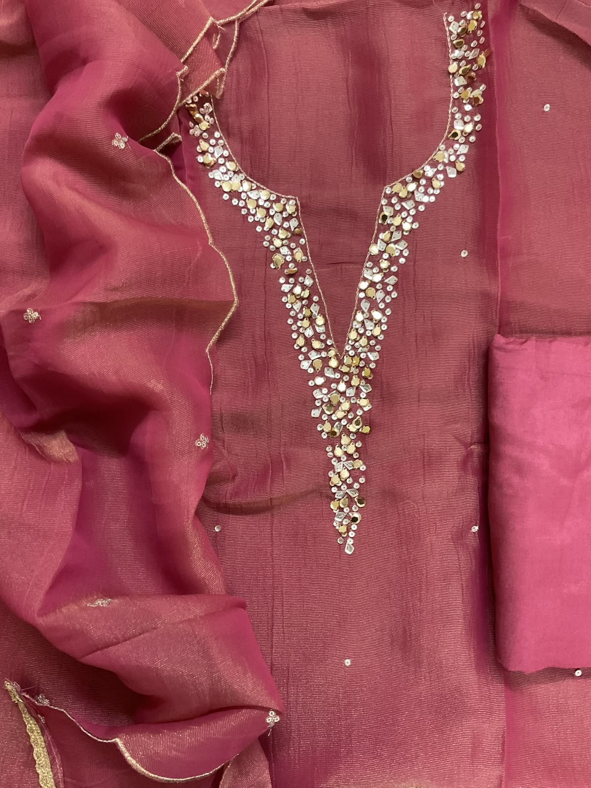 Soft Tissue Chanderi Embroidered Suit - Dark Pink