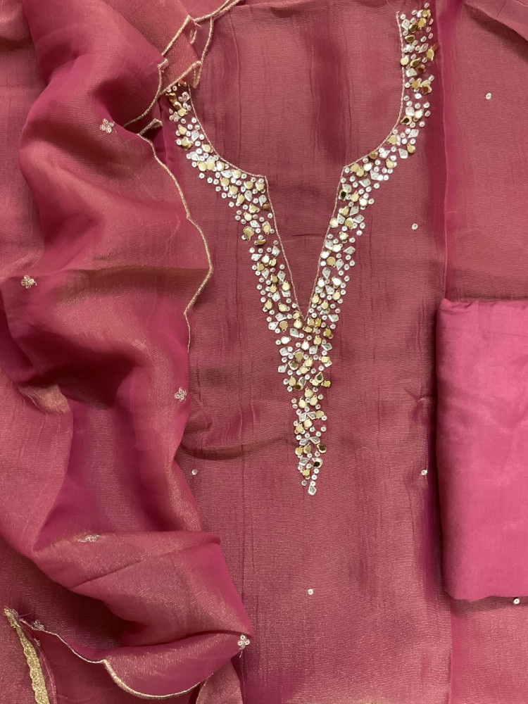 Image of Soft Tissue Chanderi Embroidered Suit - Dark Pink