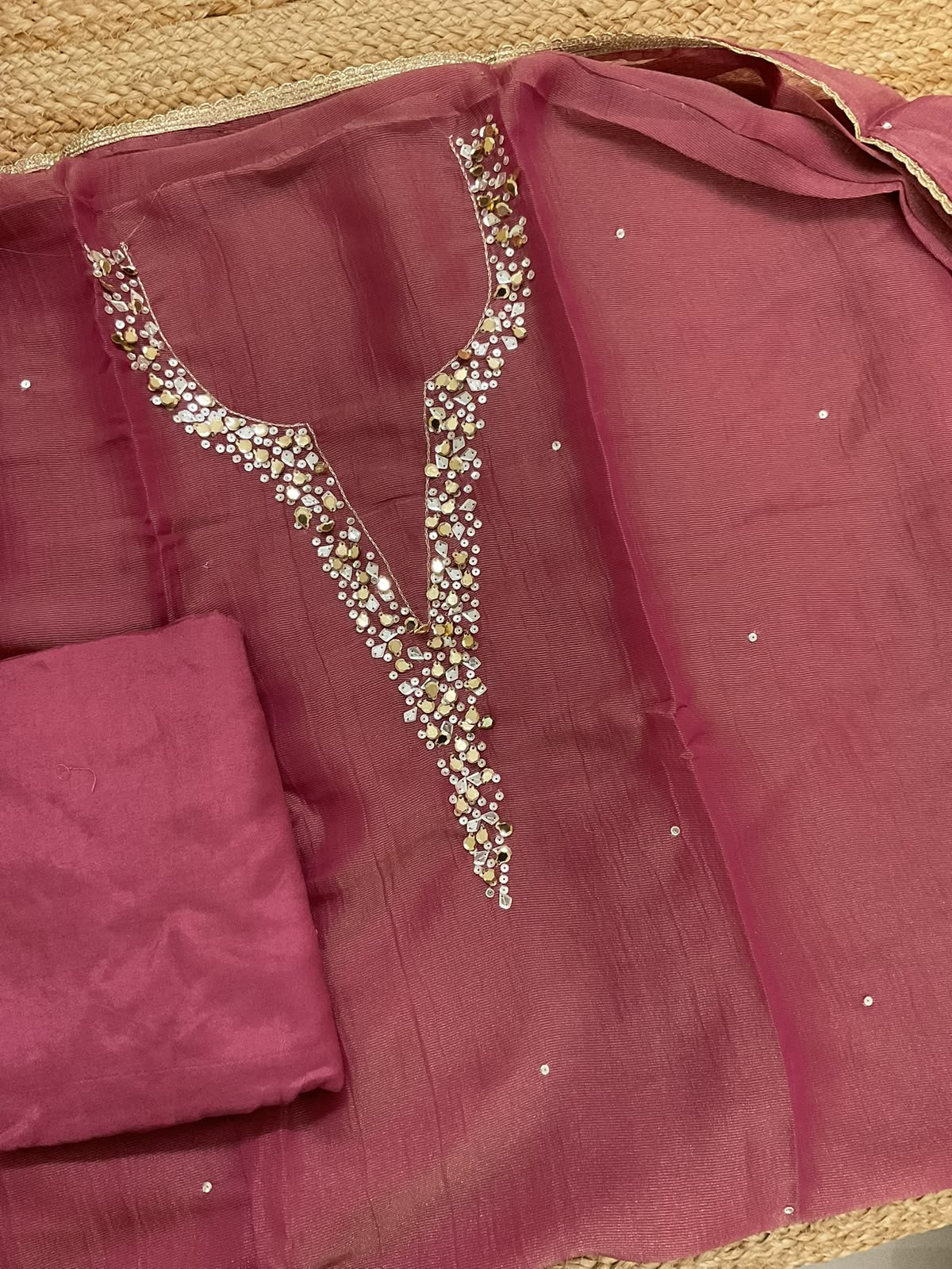 Soft Tissue Chanderi Embroidered Suit - Dark Pink
