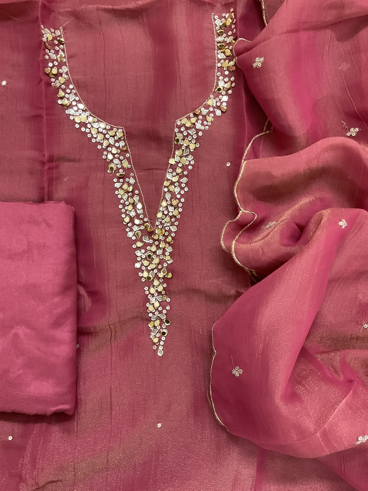 Soft Tissue Chanderi Embroidered Suit - Dark Pink