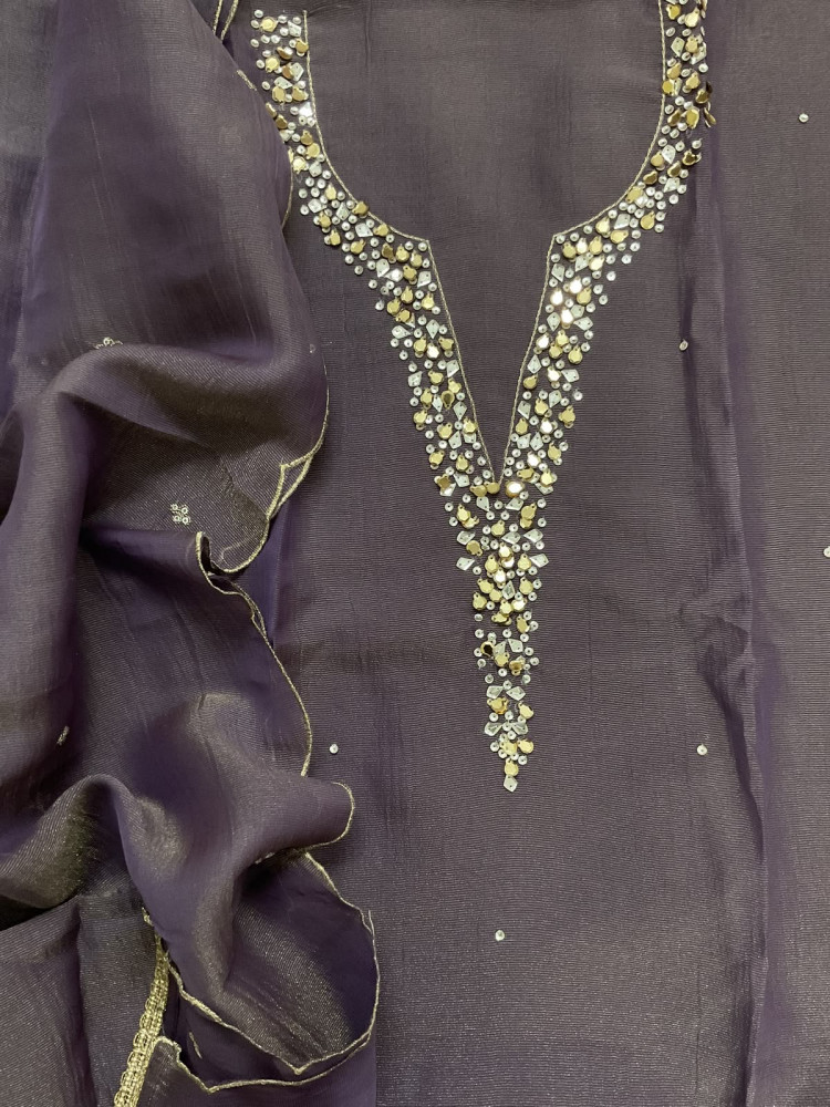 Image of Soft Tissue Chanderi Embroidered Suit - Purple
