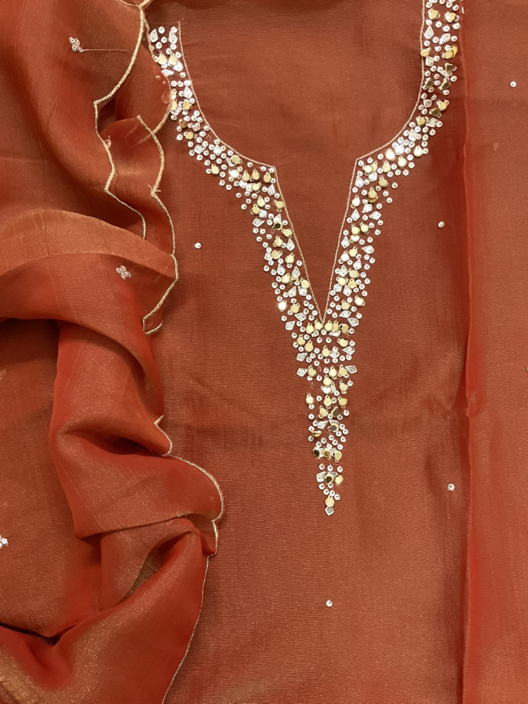 Image of Soft Tissue Chanderi Embroidered Suit - Rustic Orange