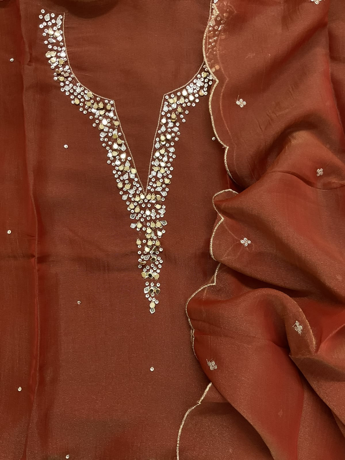Soft Tissue Chanderi Embroidered Suit - Rustic Orange