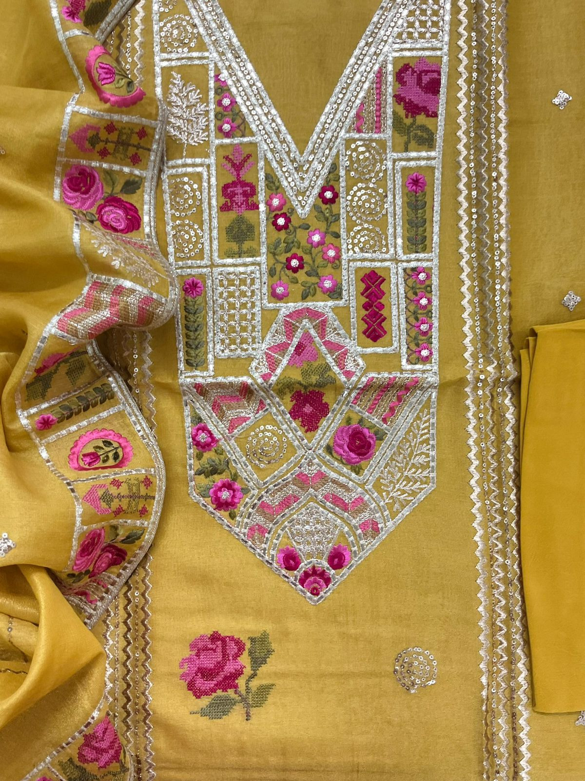 Pure Tissue Chanderi Embroidered Suit - Yellow