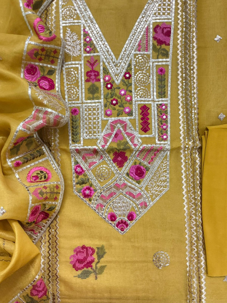 Image of Pure Tissue Chanderi Embroidered Suit - Yellow