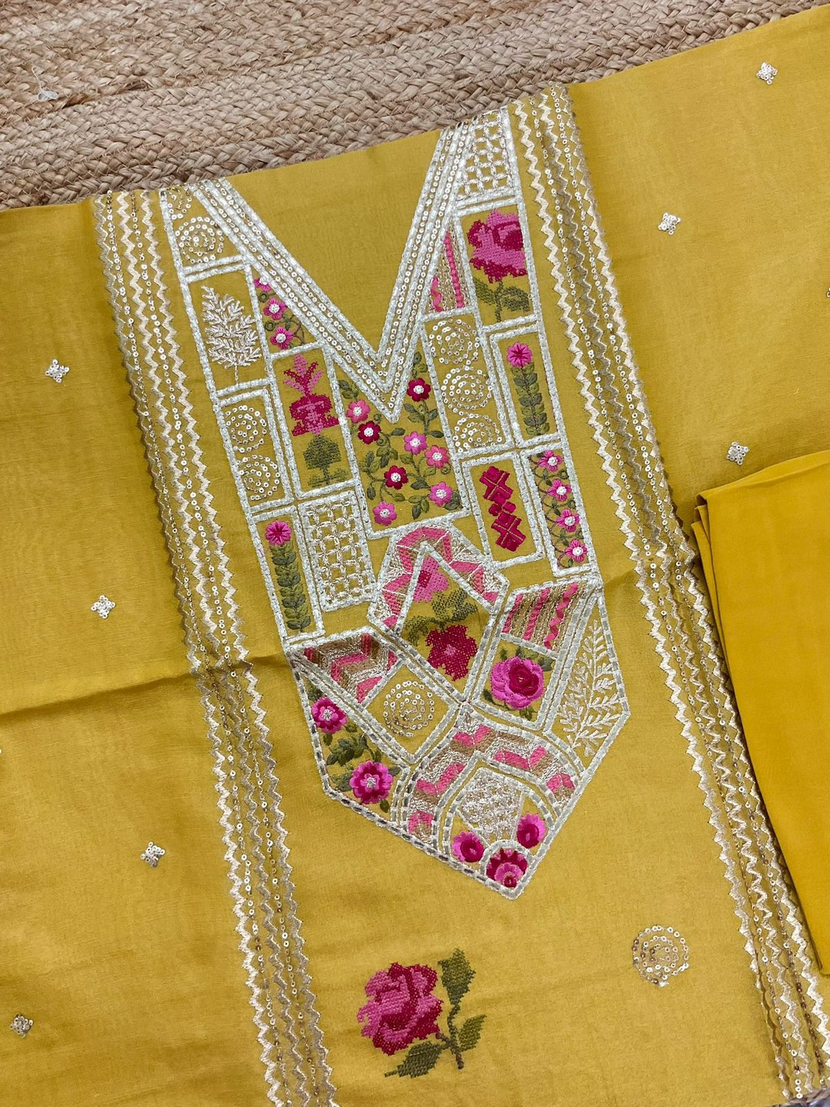 Pure Tissue Chanderi Embroidered Suit - Yellow