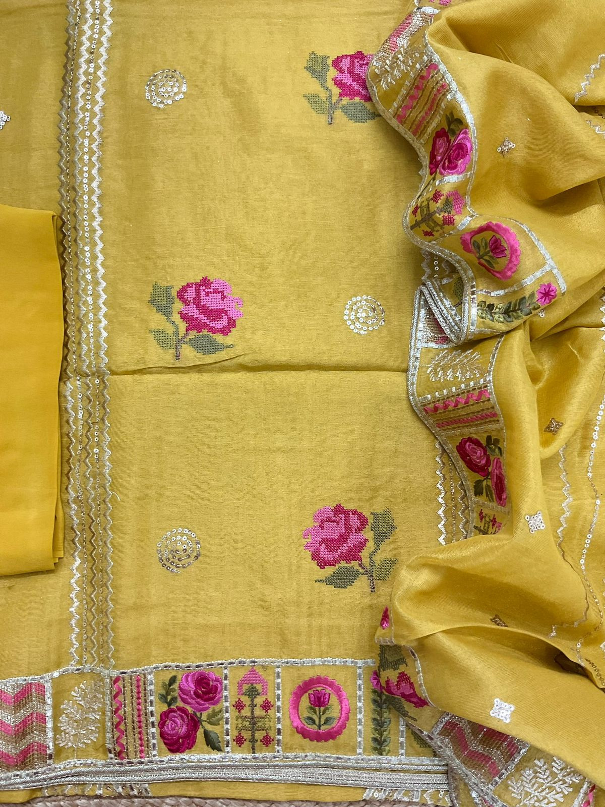Pure Tissue Chanderi Embroidered Suit - Yellow