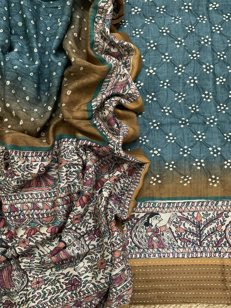 Image of Pure Slub Chanderi Printed Embroidered Border Suit - Blue