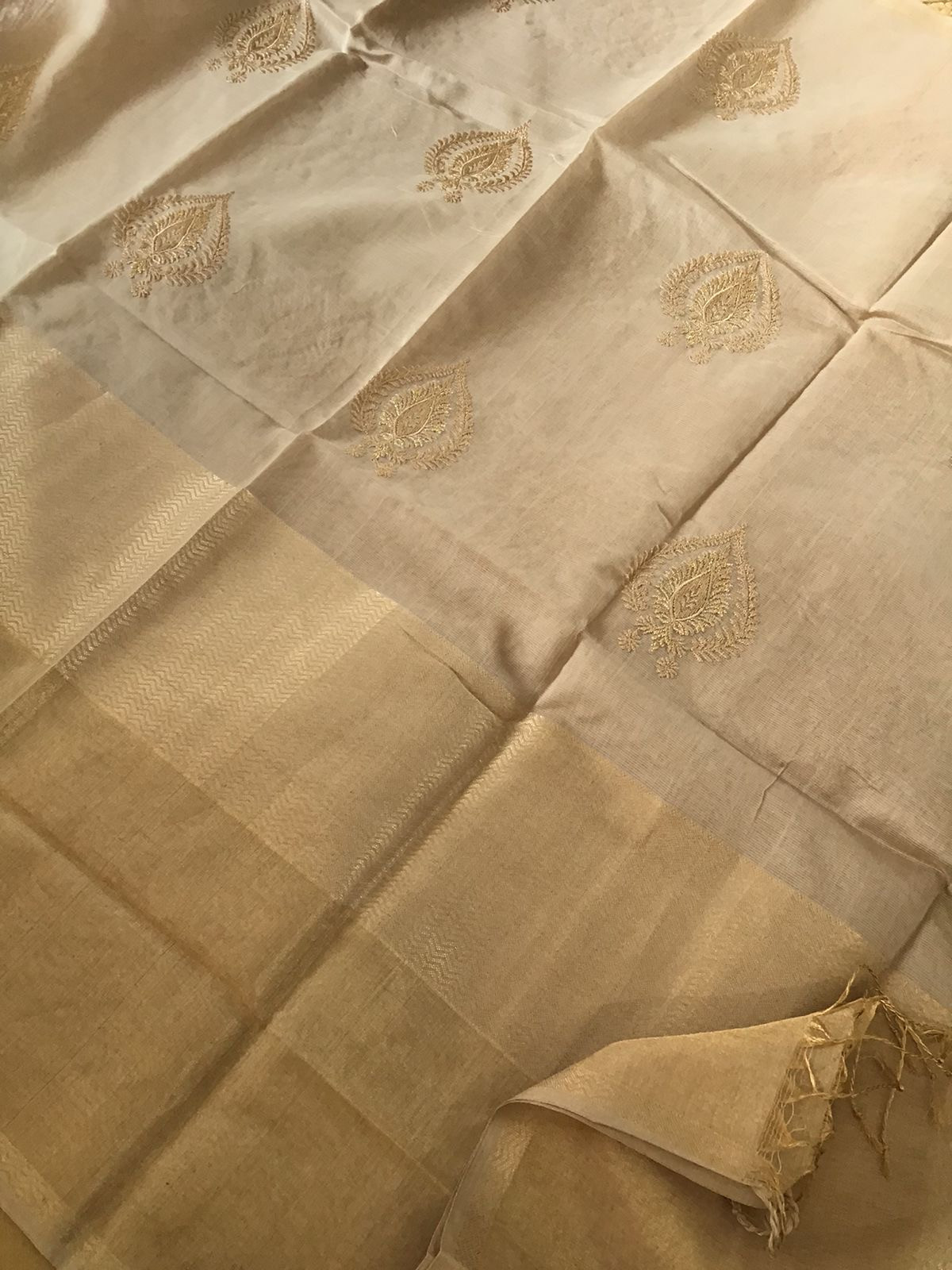 Pure Chanderi Silk Banarasi Weaved Suit - Beige