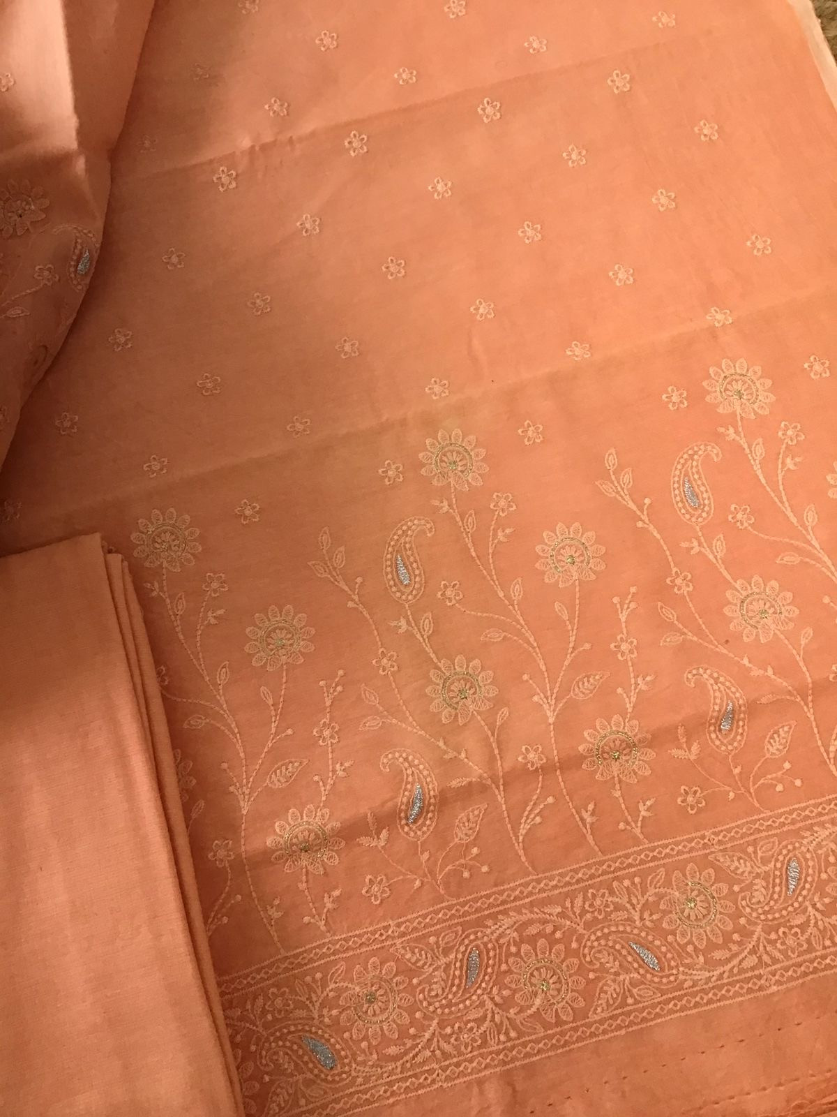 Pure Chanderi Embroidered Suit - Orange