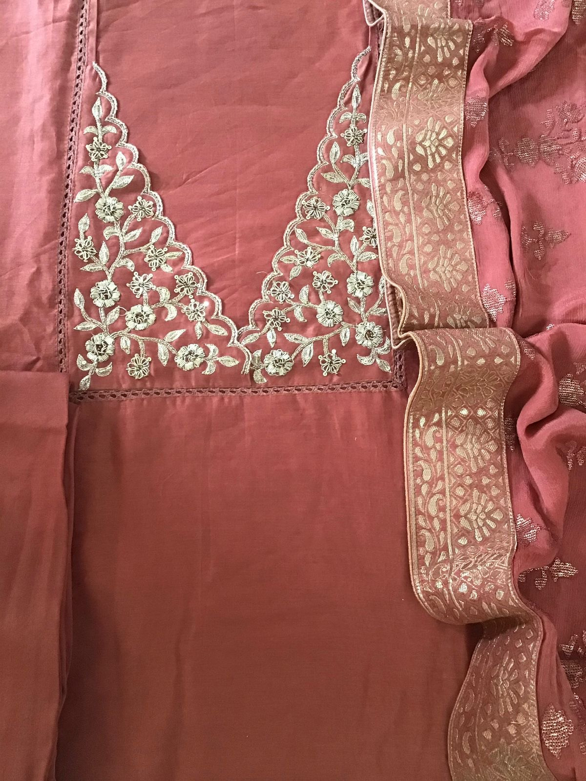 Pure Chanderi Embroidered Suit - Peach