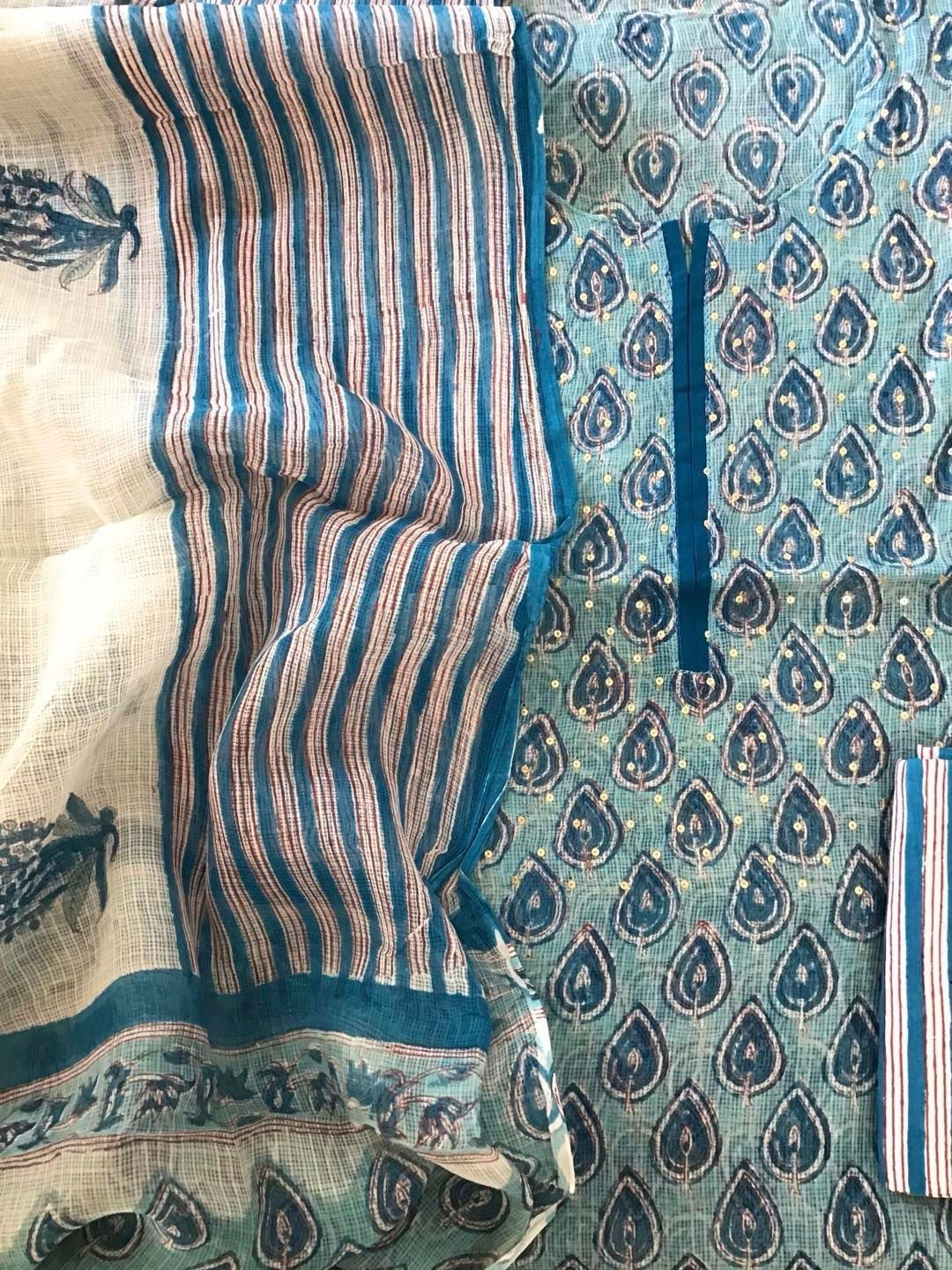 Pure Kota Cotton Printed Embroidered Suit - Blue