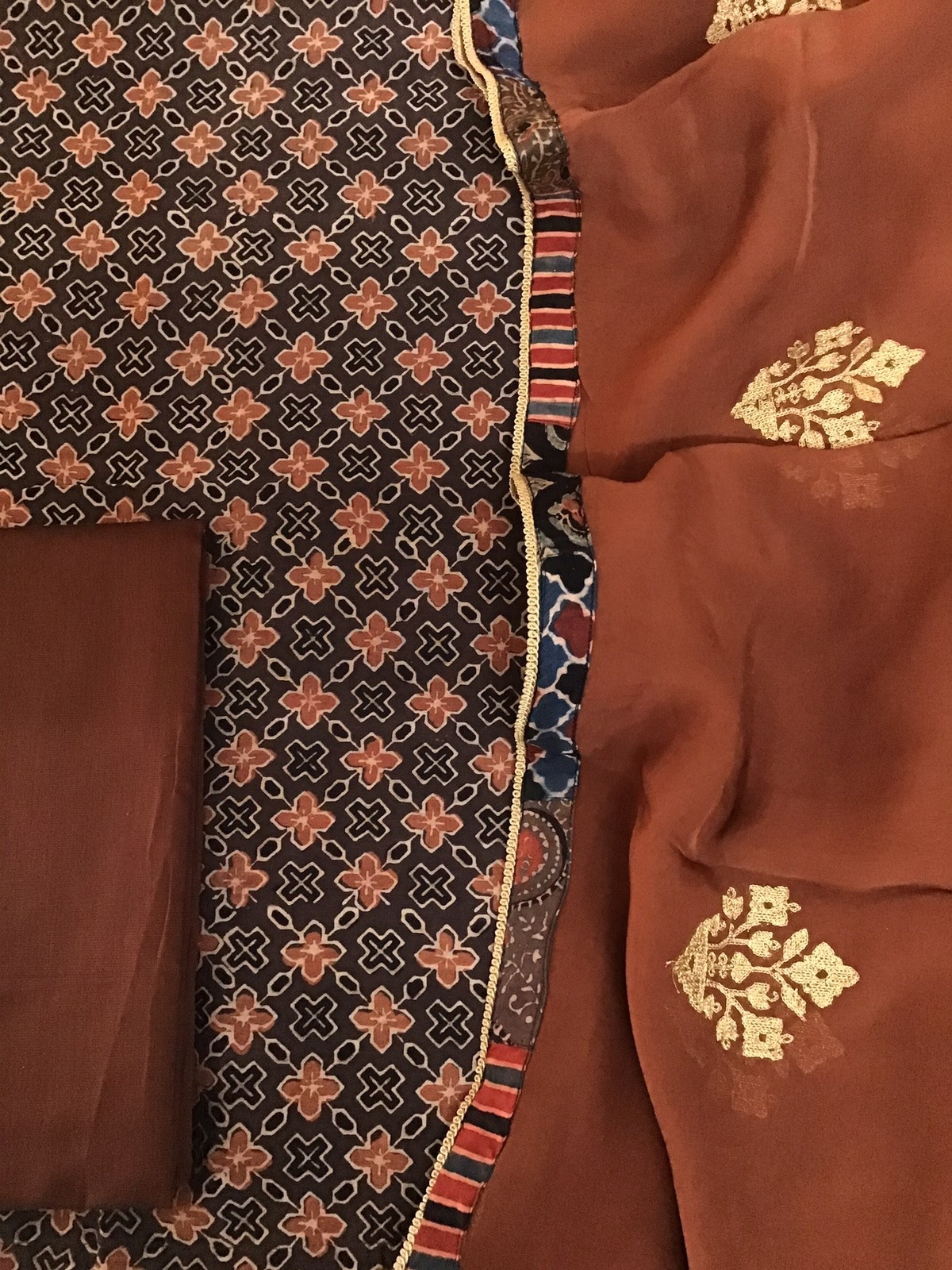 Pure Maheshwari Silk Ajrakh Printed Embroidered Suit - Brown