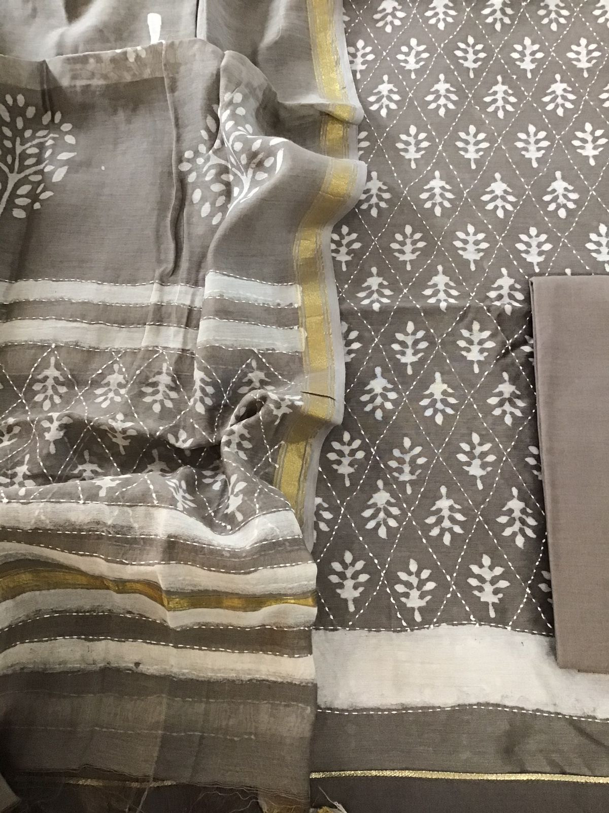 Pure Chanderi Printed Embroidered Suit - Beigish Grey