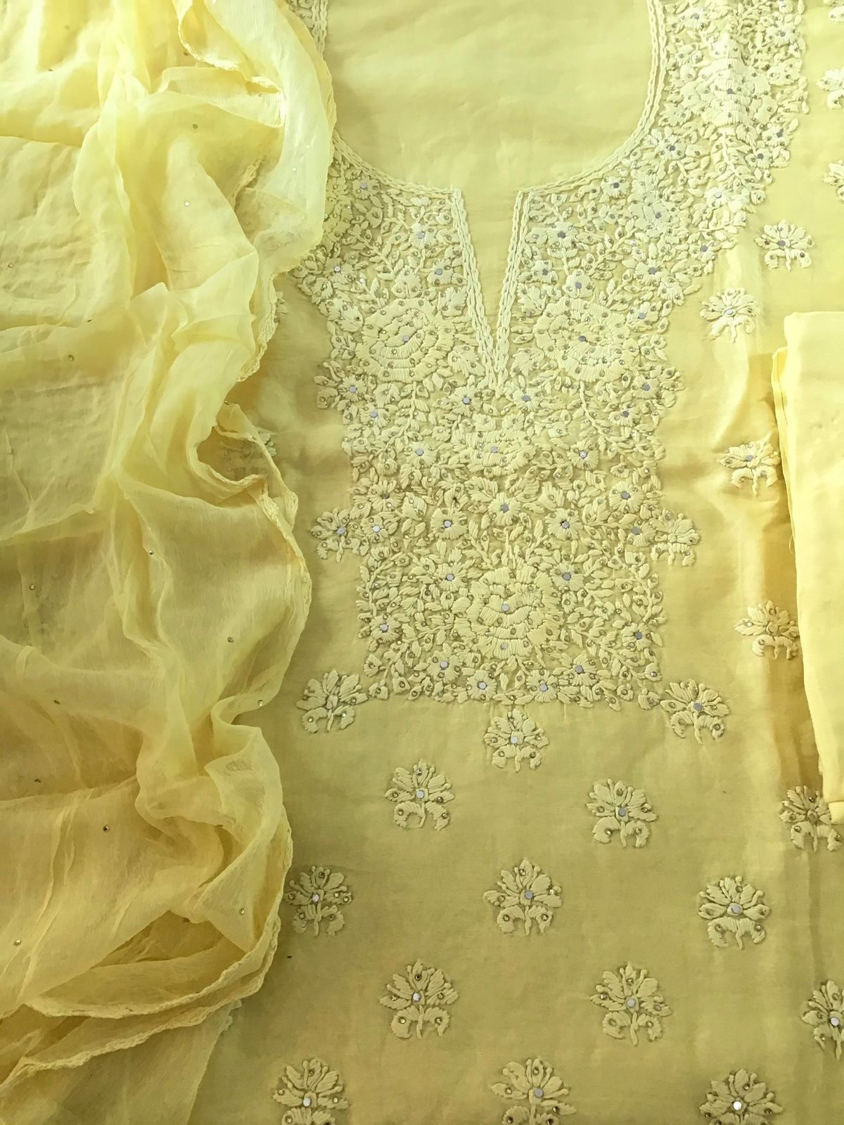 Pure Chanderi Embroidered Suit - Yellow