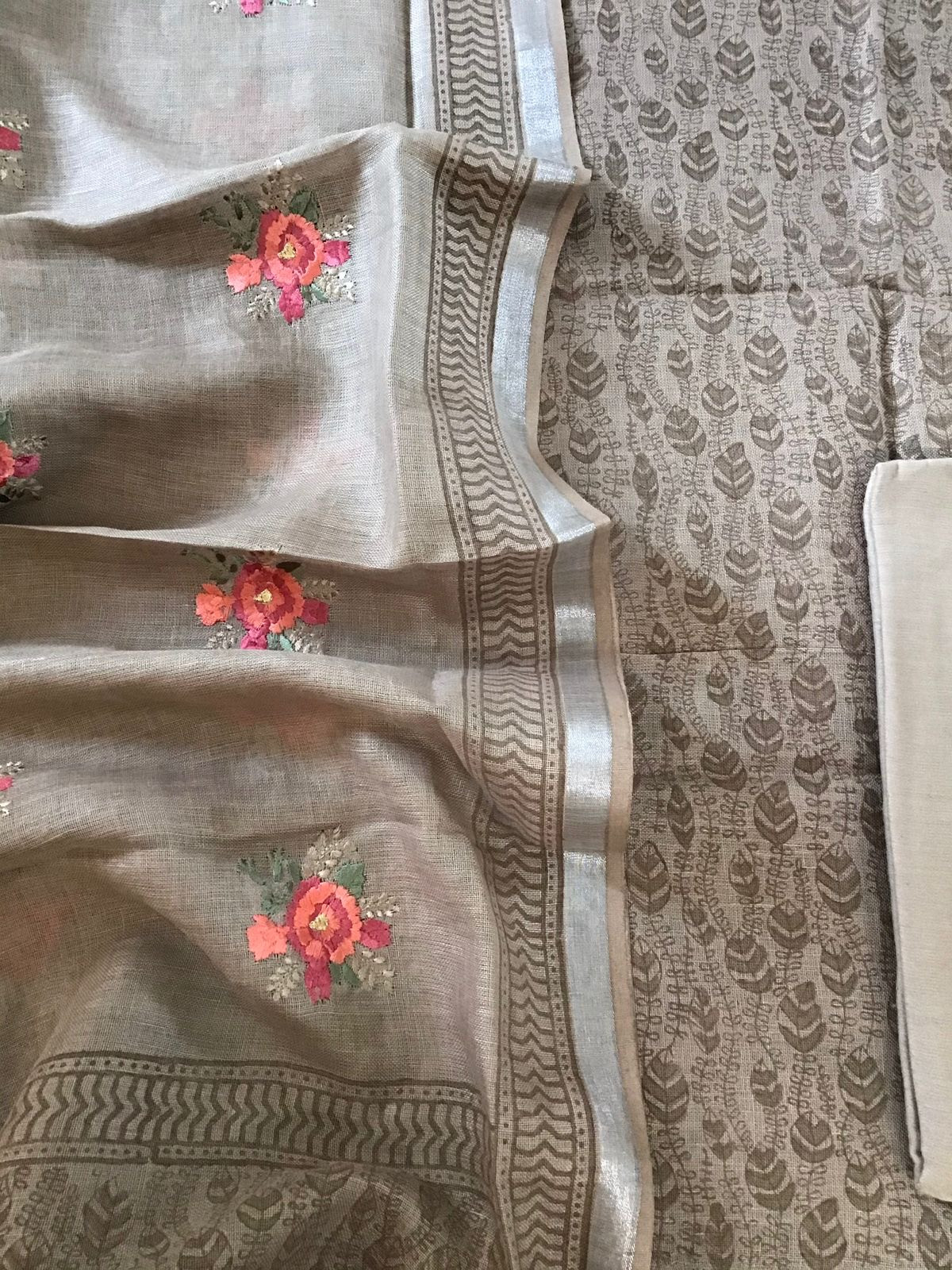 Pure Linen Jute Cotton Printed Suit - Brown