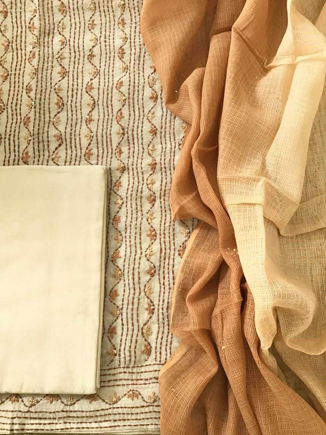 Pure Chanderi Embroidered Suit - Beige