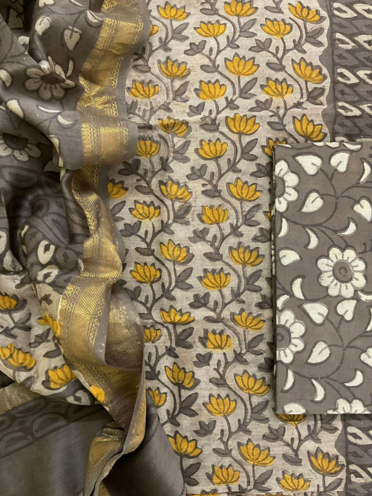 Image of Pure Maheshwari Block Printed Suit - Beige