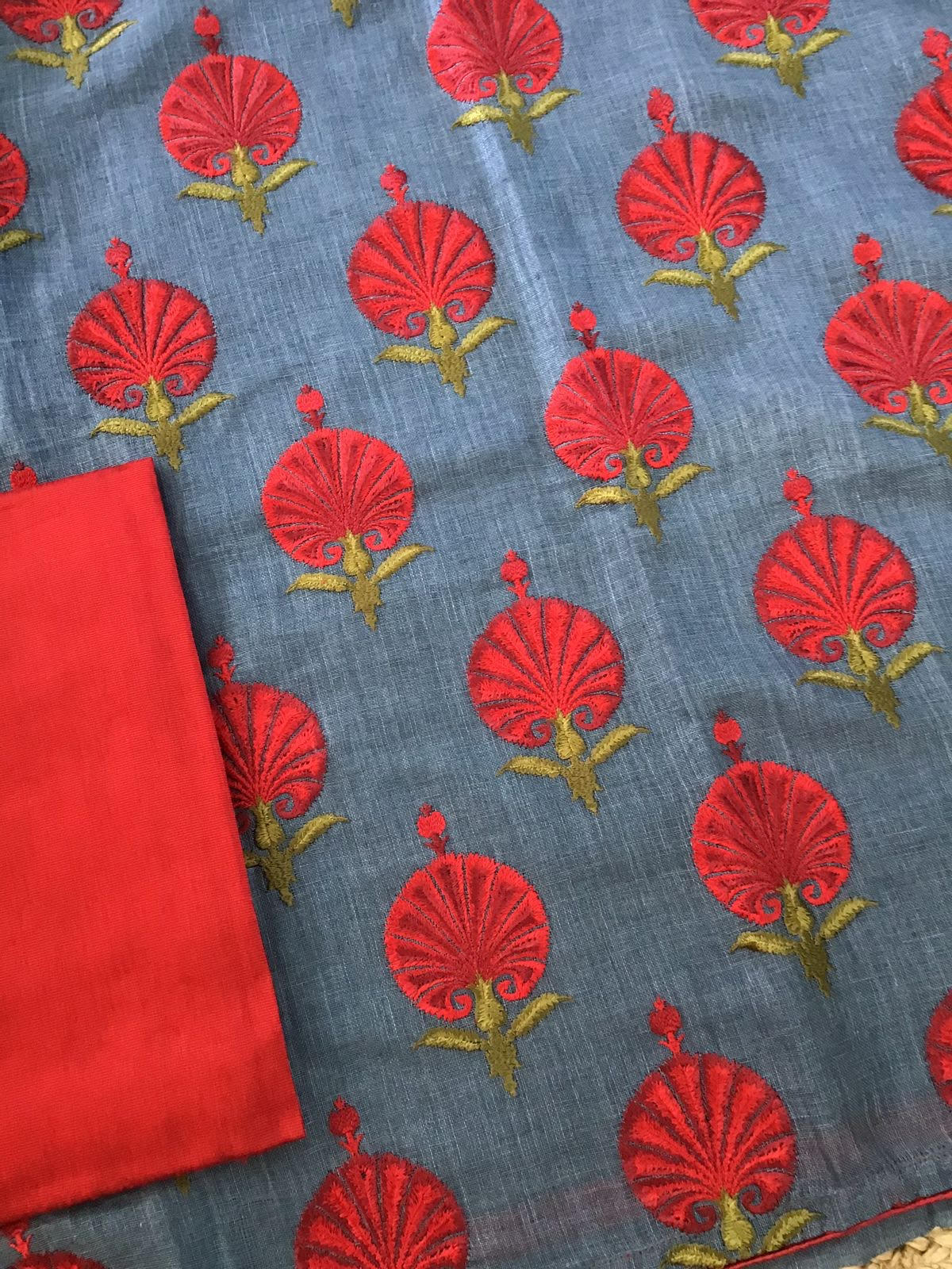 Pure Linen Jute Cotton Embroidered Suit - Grey