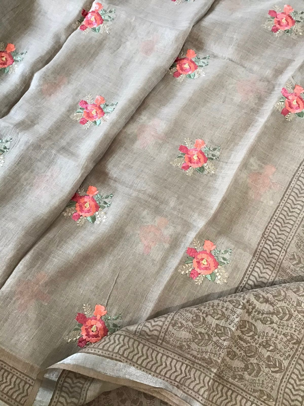 Pure Linen Jute Cotton Printed Suit - Brown