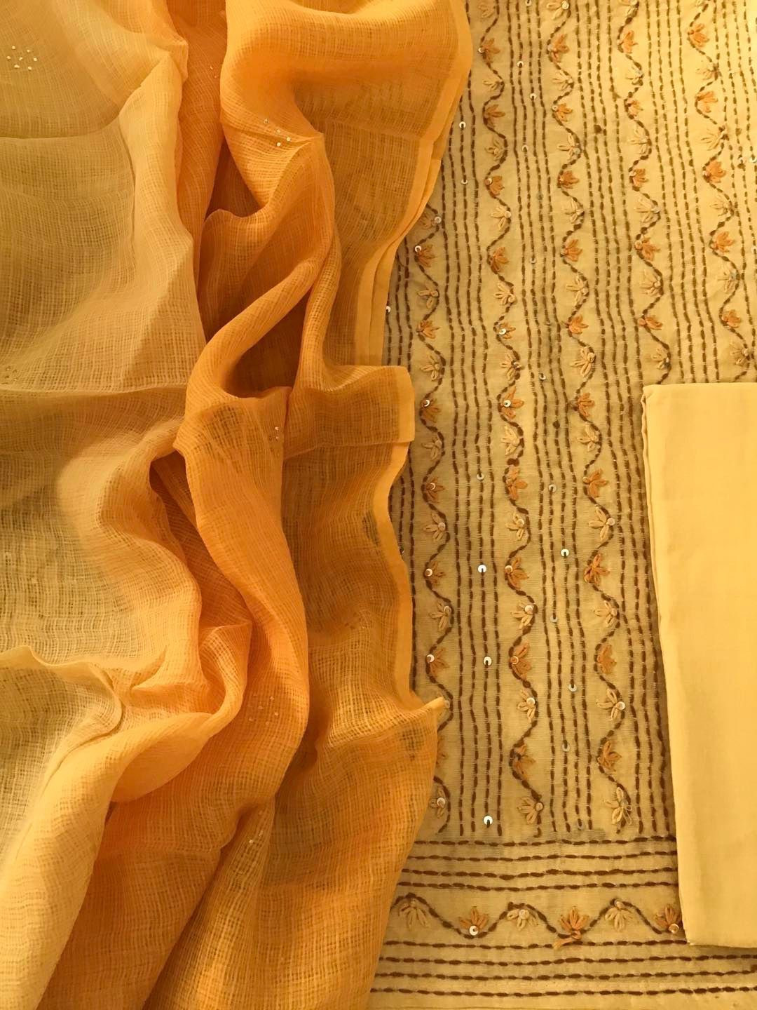 Pure Chanderi Embroidered Suit - Yellow