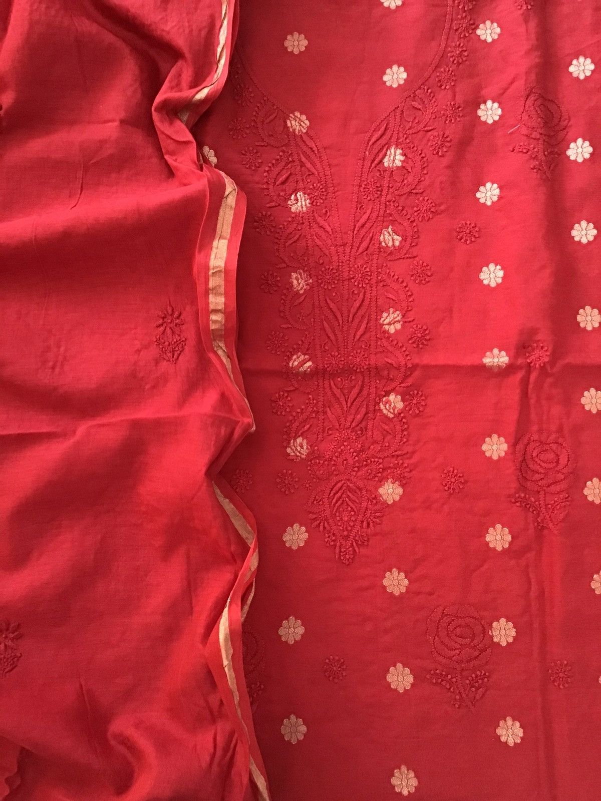Pure Chanderi Chikankari Embroidered Suit - Red