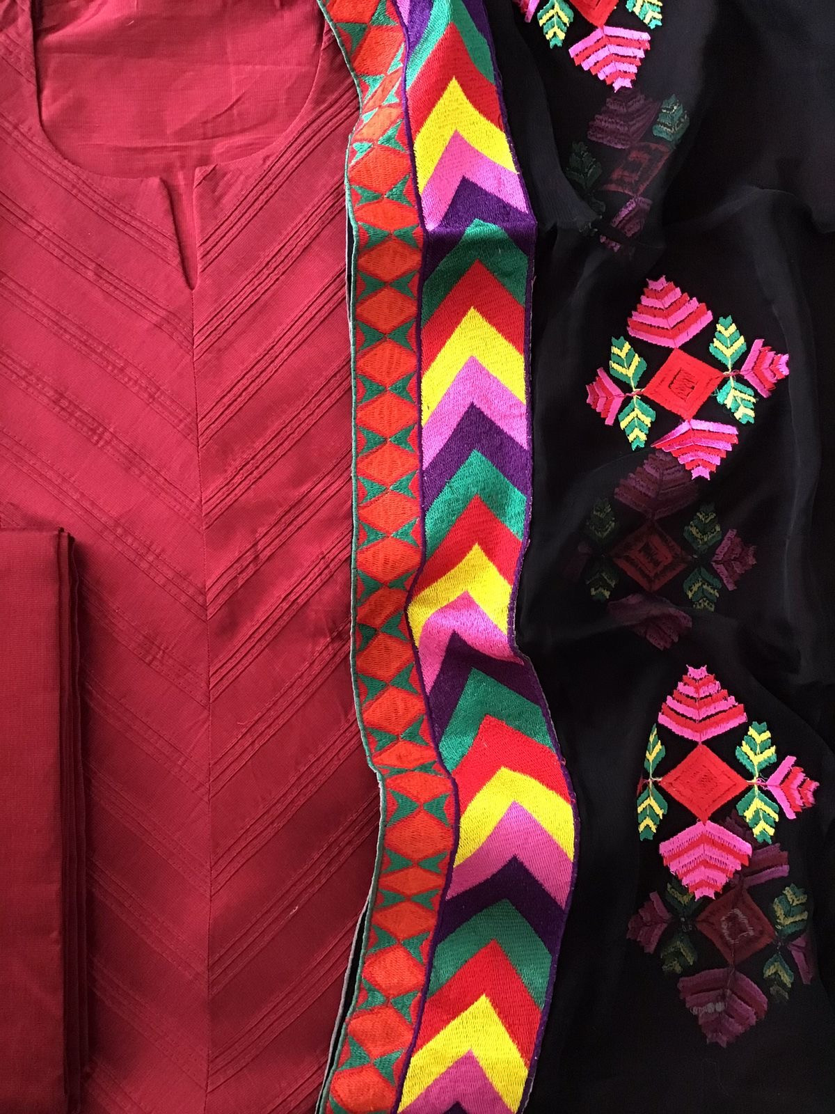 Pure Cotton Silk Embroidered Suit With Chiffon Embroidered Dupatta - Red