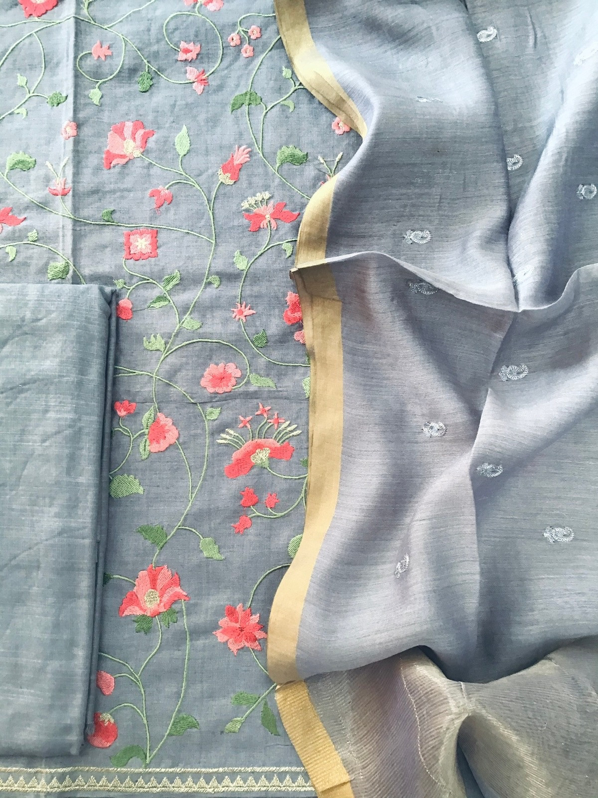 Pure Munga Silk Embroidered Suit - Grey