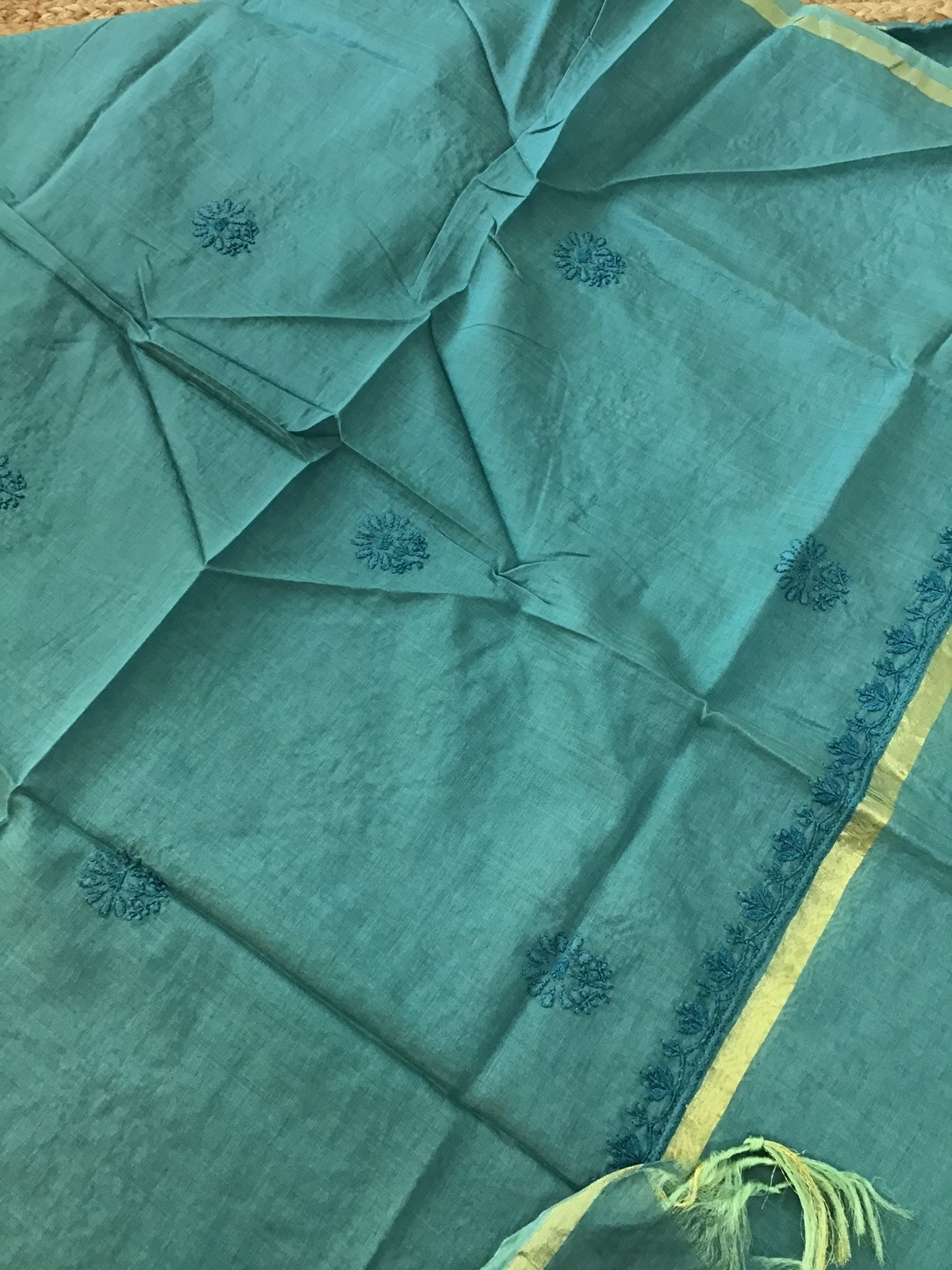 Pure Chanderi Chikankari Embroidered Suit - Blue