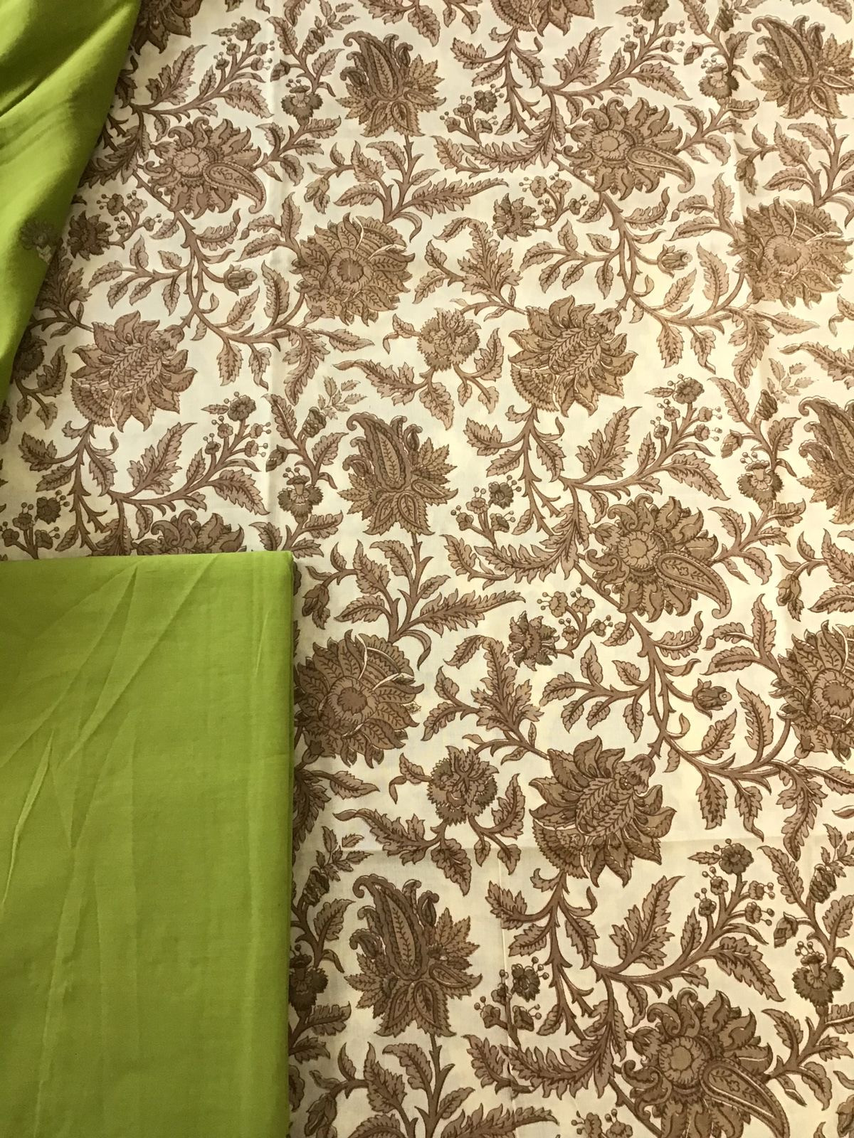 Pure Cotton Printed Embroidered Dupatta Suit - BeigeGreen