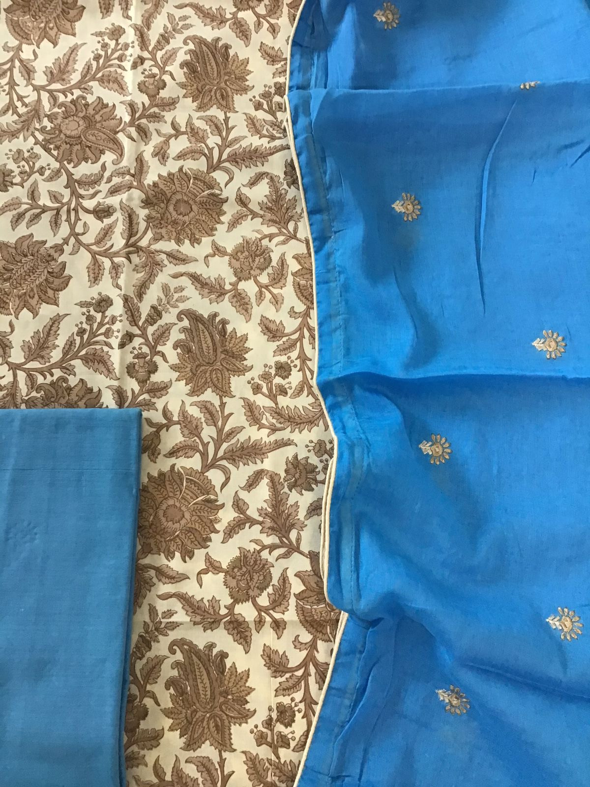 Pure Cotton Printed Embroidered Dupatta Suit - BeigeBlue