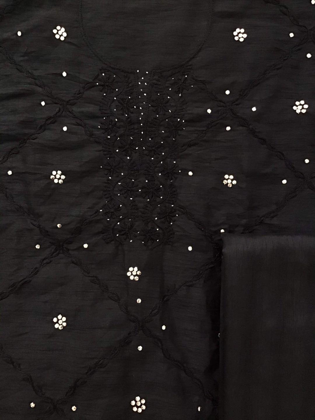 Pure Bhagalpuri Silk Chikankari Embroidered Suit - Black
