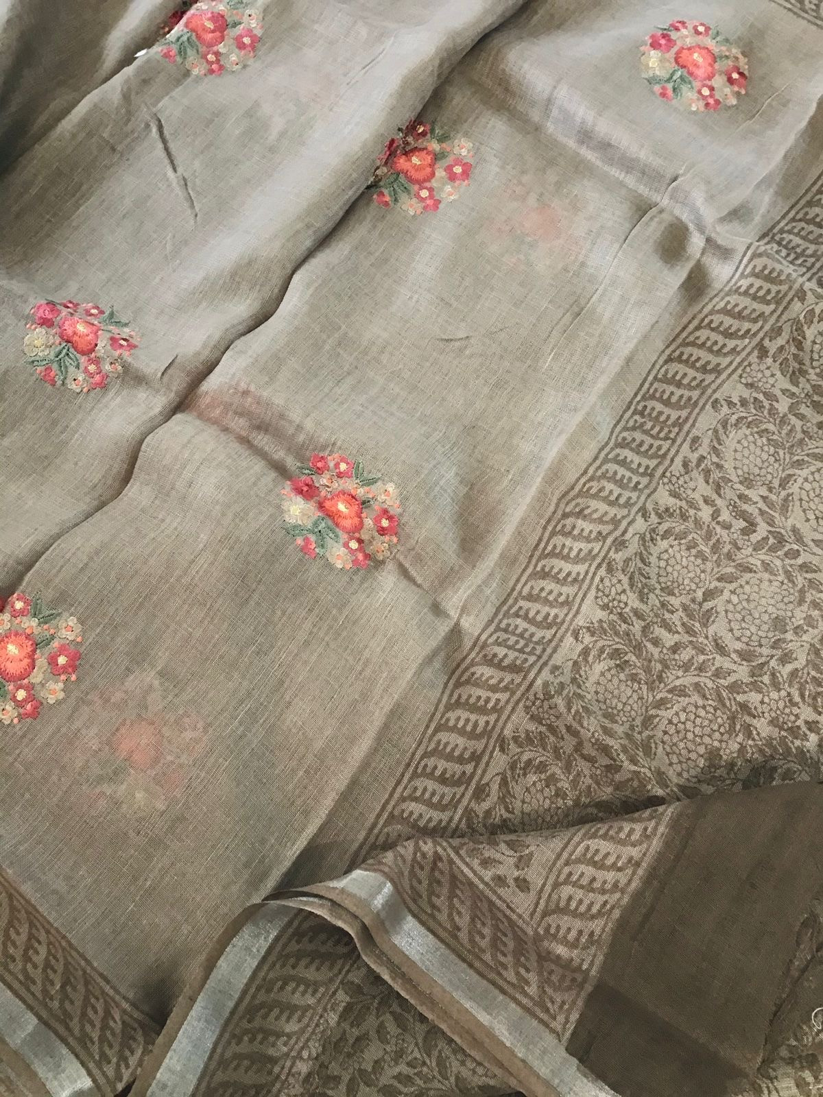 Pure Linen Jute Cotton Printed Suit - Brown