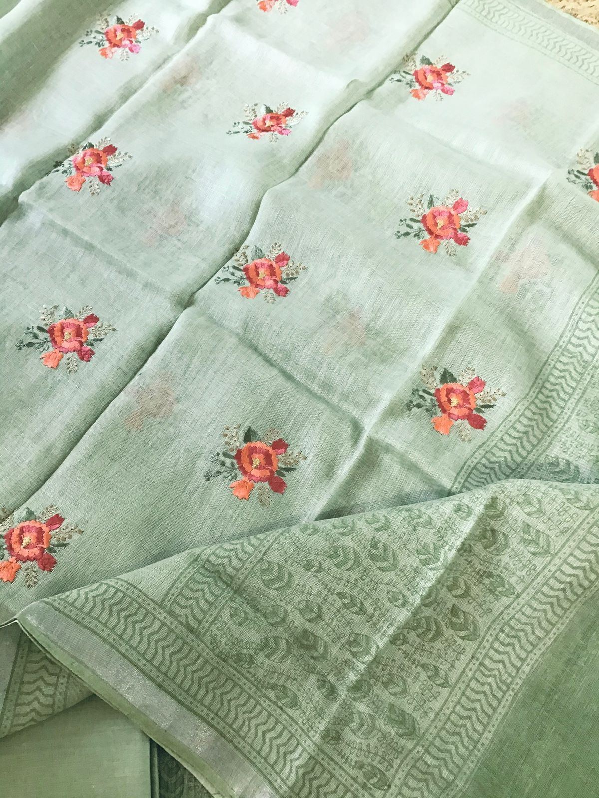 Pure Linen Jute Cotton Printed Suit - Green