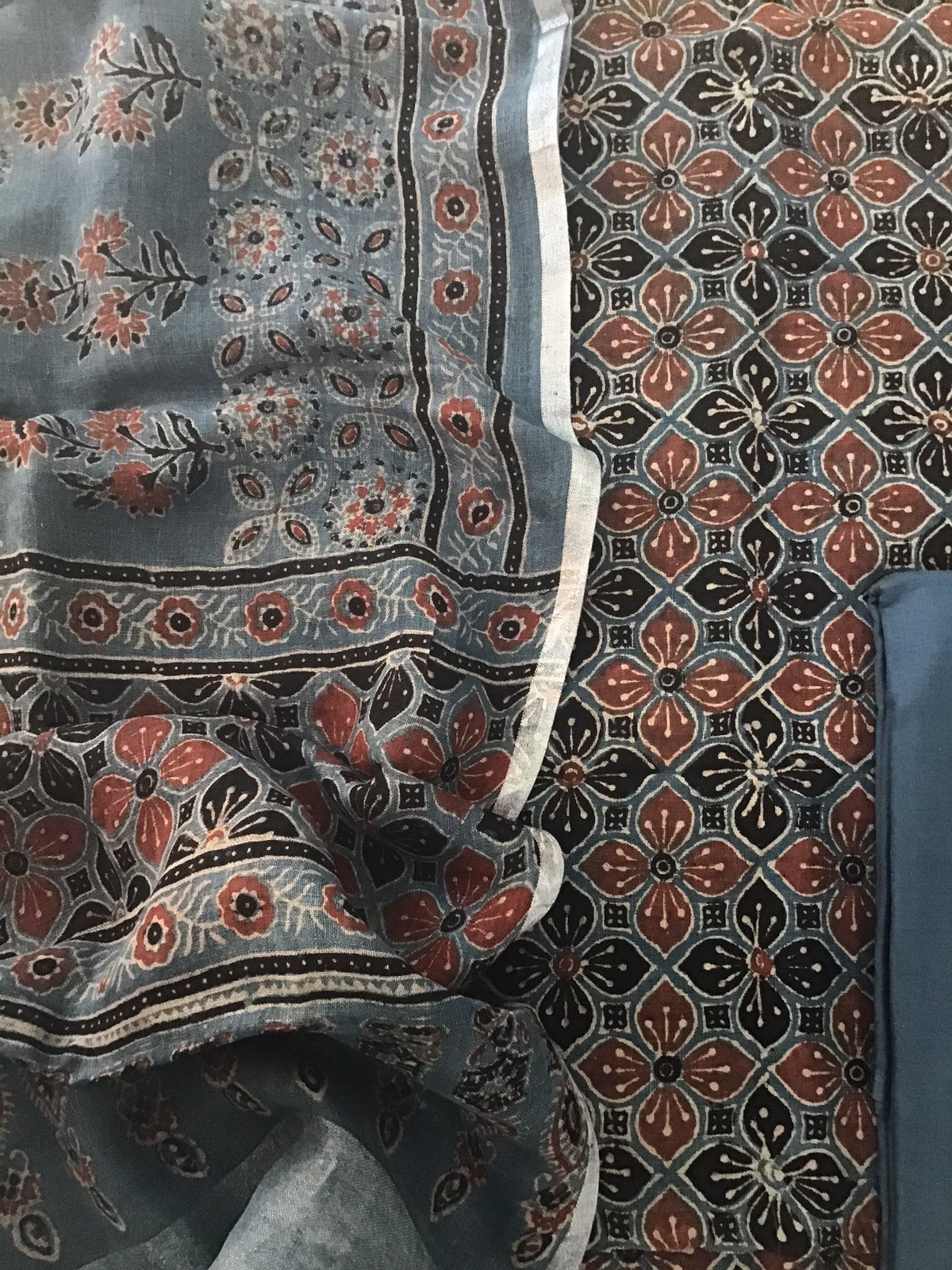 Pure Linen Jute Cotton Ajrakh Printed Suit - Blue